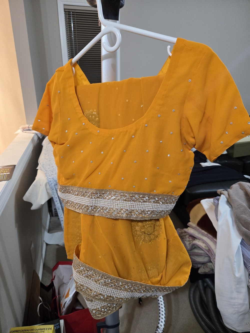 Embellished Mustard Yellow Women's Saree with Beaded Waist